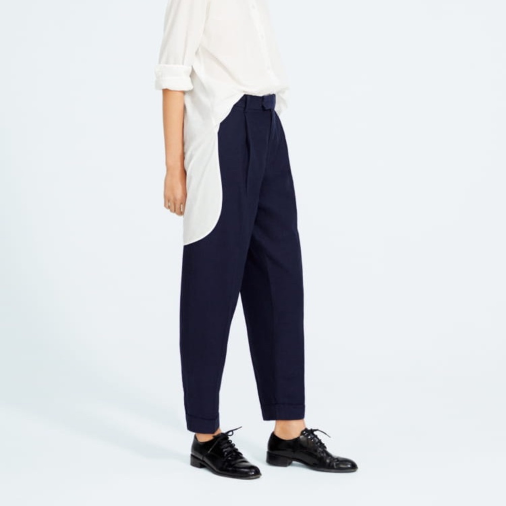 Uniqlo x Ines De La Fressange  Navy Blue Linen Cotton Tucked Tapered Trousers - Picture 2 of 8
